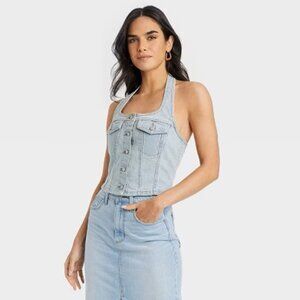 Universal Thread™ - Women's Cropped Sleeveless Denim Halter Shirt  Medium NWT